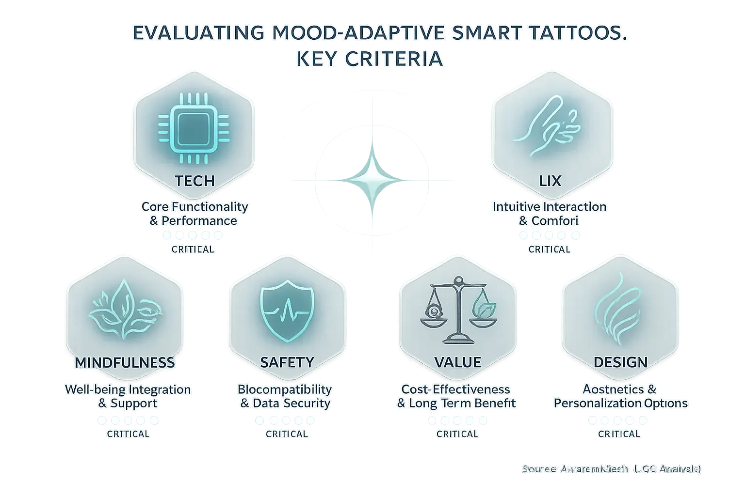 6 key criteria for smart tattoo choice: Tech, UX, Mindfulness, Safety, Value, Design, shown with icons &amp; their importance