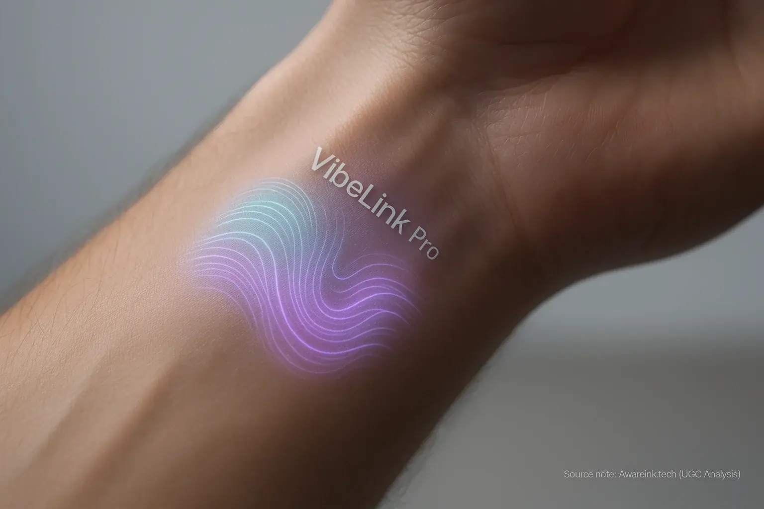 Sleek, minimalist VibeLink Pro, [Year]'s winner, subtly shifts color/pattern on wrist, seamlessly reflecting mood.