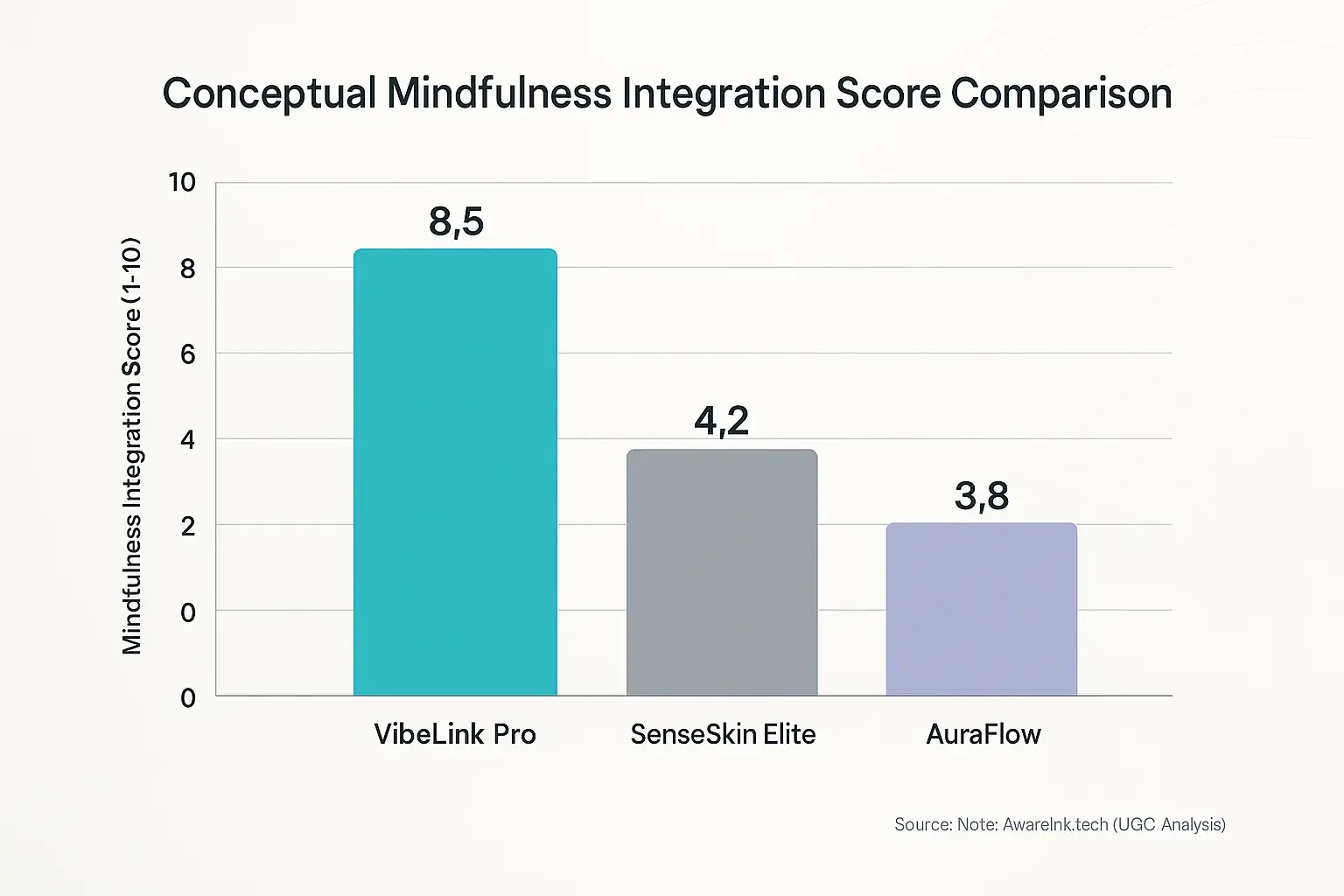 Bar chart: VibeLink Pro's unmatched Mindfulness Integration Score, far exceeding SenseSkin Elite and AuraFlow.