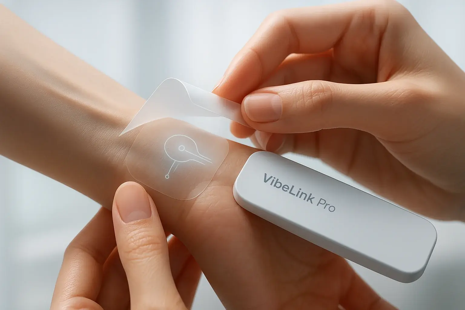 Person effortlessly applies a modern, thin VibeLink Pro smart tattoo to their wrist, demonstrating its seamless second-skin