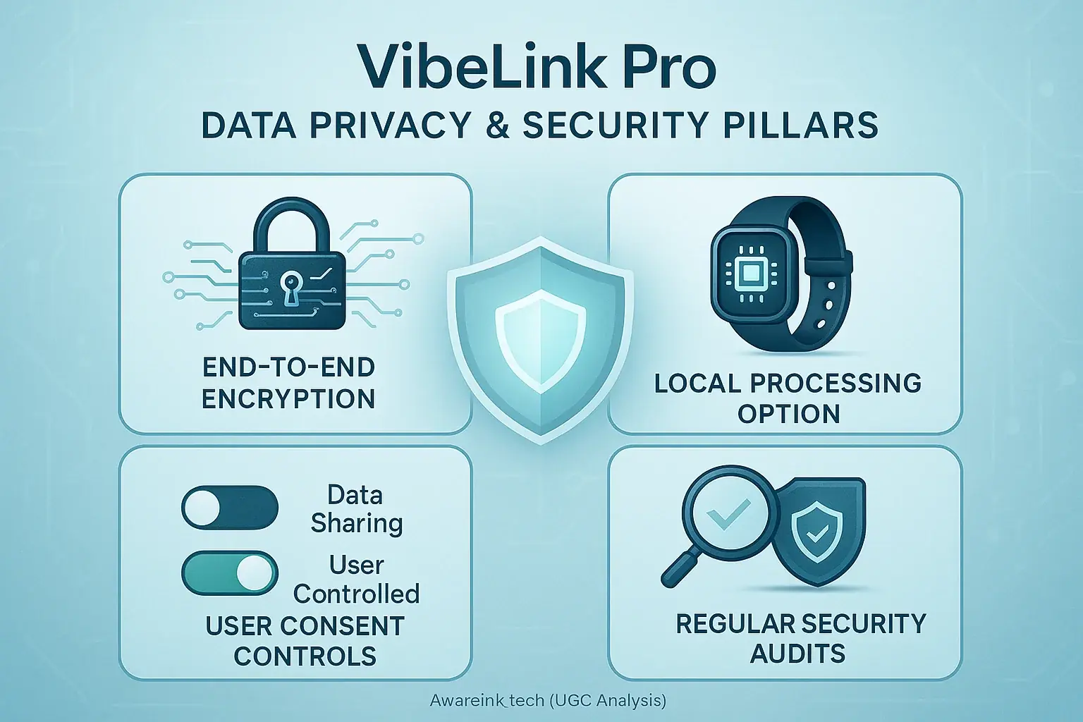 VibeLink Pro's data privacy fortress: Encryption, Local Processing, User Consent, Audits, visually secured by shields.